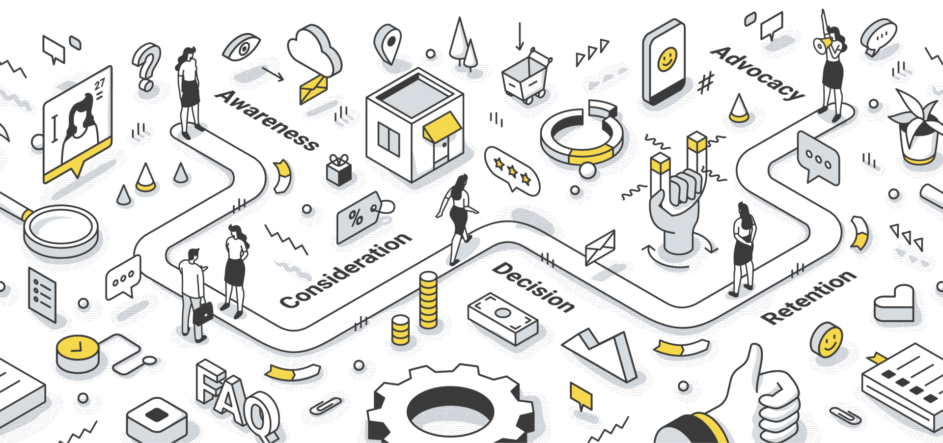 customer journey isometric illustration woman